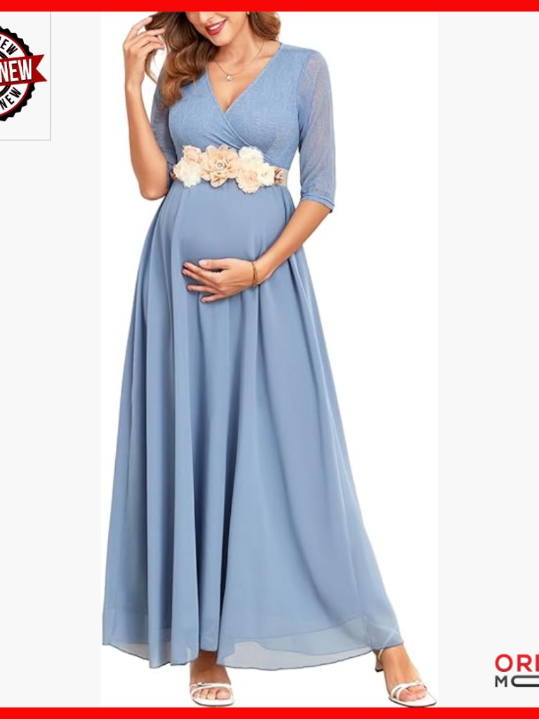 Maternity Maxi Dress 3/4 Sleeve Lace Wrap V-Neck A-Line Flowy